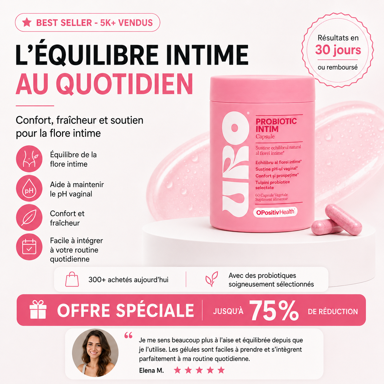 URO Probiotique Intime pour Femme – 4 Souches de Lactobacillus, 60 Gélules