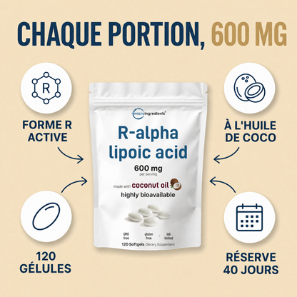 Acide R-Alpha Lipoïque 600 mg avec Huile de Coco – 120 Capsules