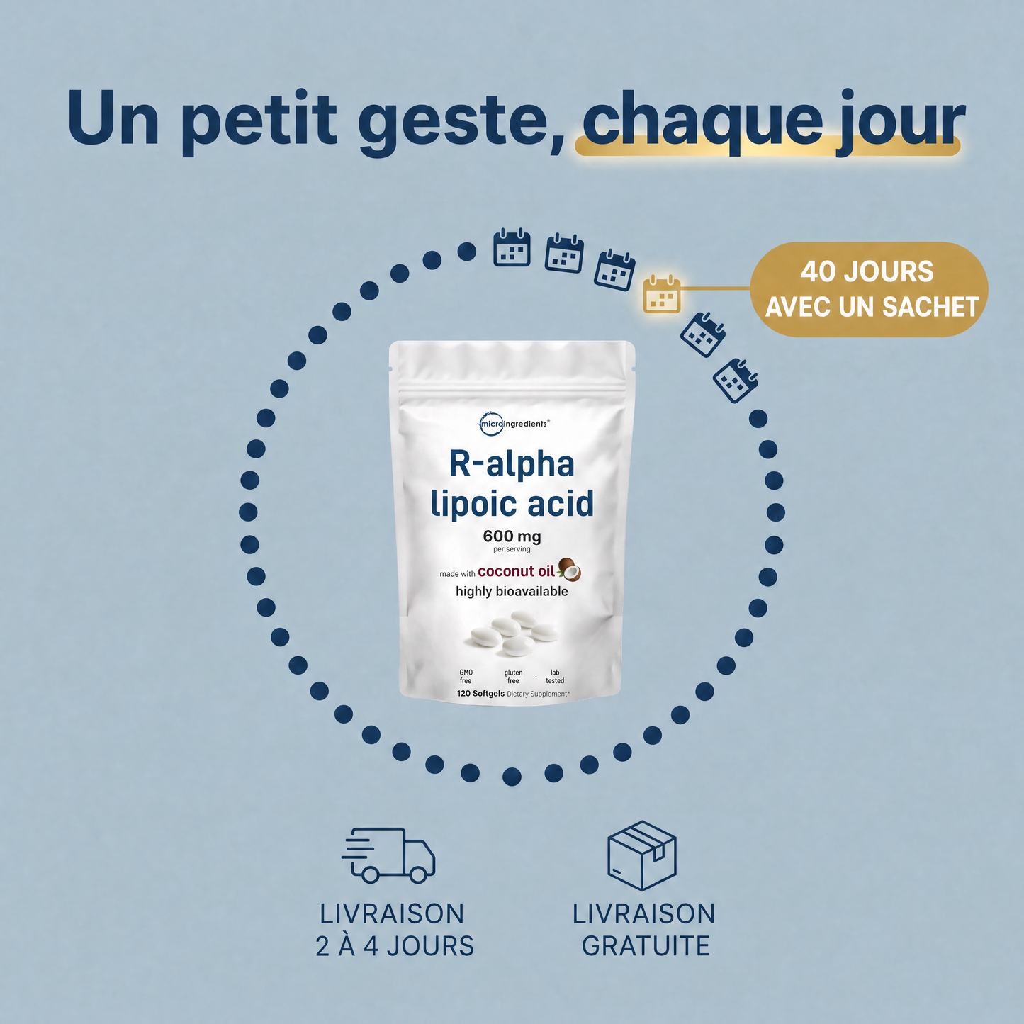 Acide R-Alpha Lipoïque 600 mg avec Huile de Coco – 120 Capsules