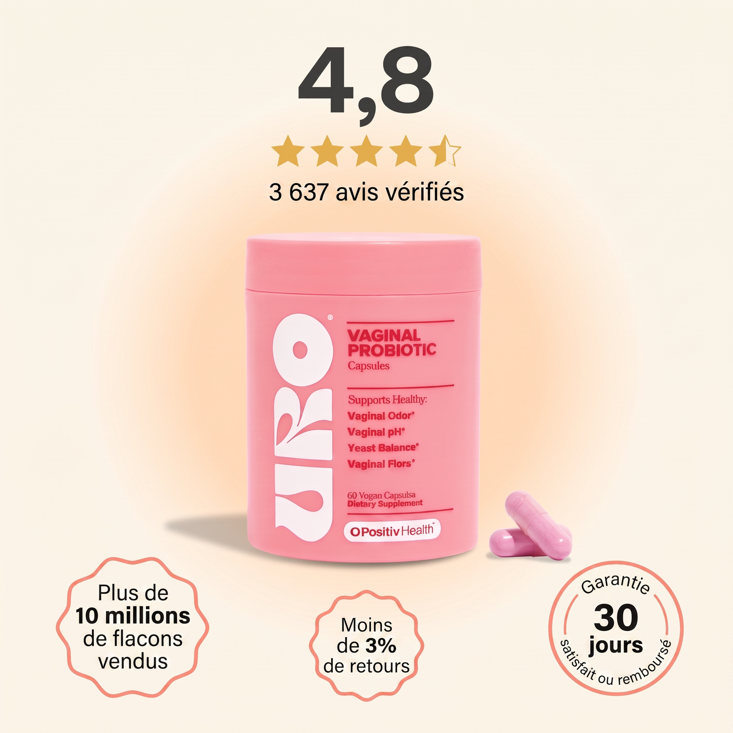 URO Probiotique Intime pour Femme – 4 Souches de Lactobacillus, 60 Gélules